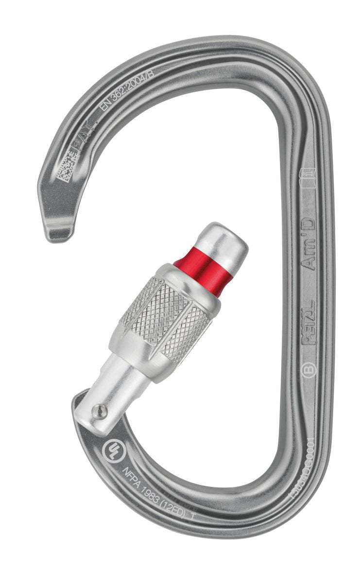 The Am’D lightweight asymmetrical carabiner is made of aluminum. It has a D shape particularly suited for connection to diverse equipment such as descenders or positioning lanyards. 